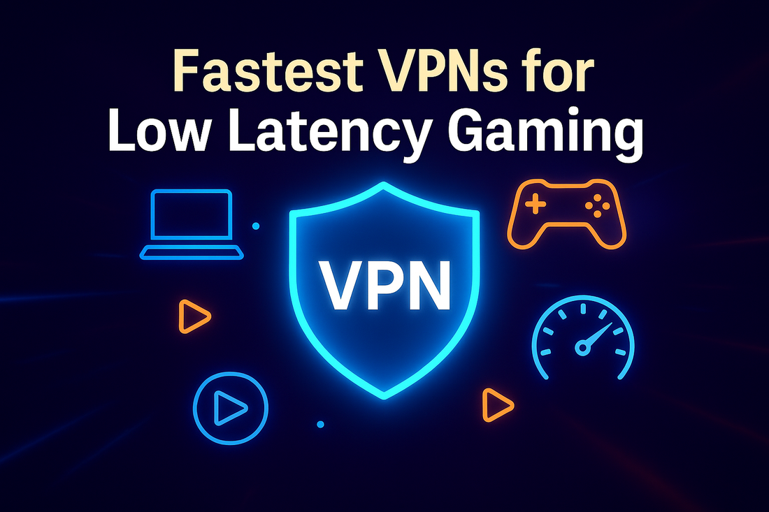 Hero graphic with VPN shield and gaming controller, titled Fastest VPNs for Low Latency Gaming 2025